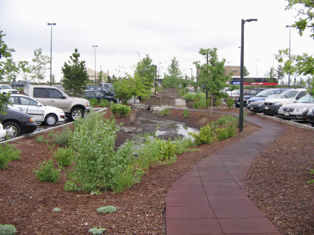 Example of LID (bioswale) in large commercial parking area in Aurora, CO.  Source - Colorado Association of Stormwater and Floodplain Managers