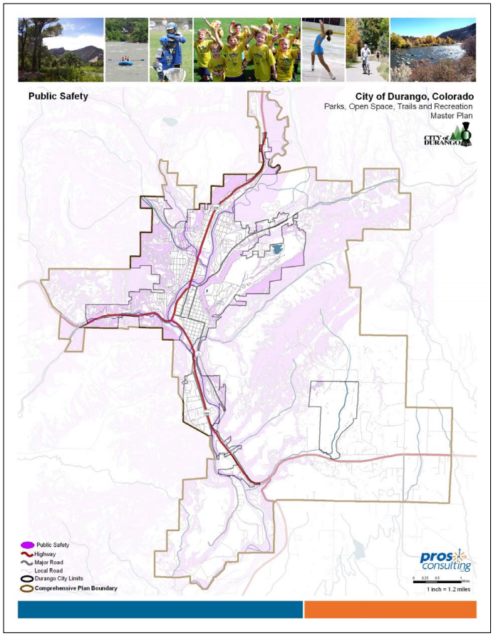 This public safety map is an excerpt from Durango’s Parks, Open Space, Trails, and Recreation Master Plan. The plan’s “greenprinting” process uses GIS maps like this (which shows floodplain areas in purple) to help inform decision making regarding open space, preservation, and resource conservation. 